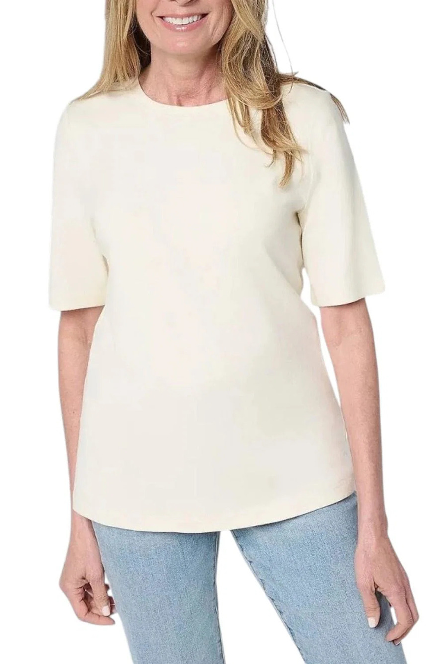 Denim & Co. Women's True Cotton Jersey Elbow Slv Top Vanilla - Regular